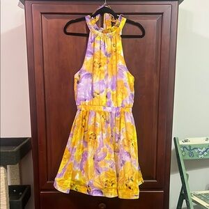 Versona Yellow and Purple Ruched Tie Halter Sundress